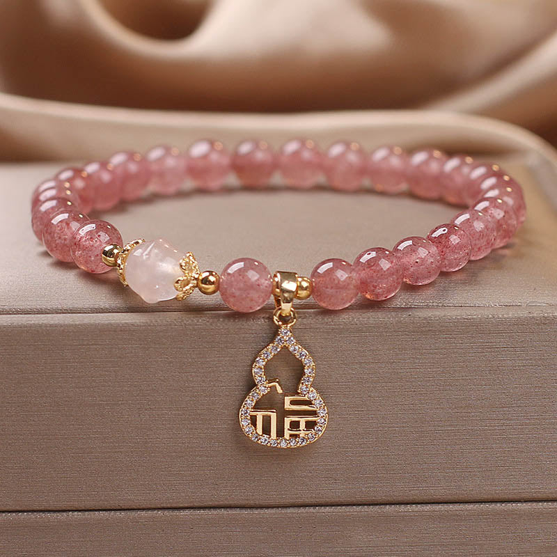 KarmaRipple's Strawberry Quartz Gourd Fu Character Talisman Positive Bracelet p1