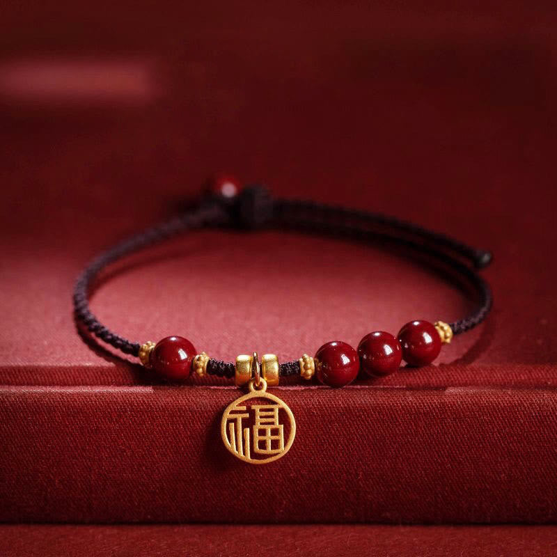KarmaRipple's Cinnabar Bead Fu Character Talisman Blessing Woven String Bracelet p1