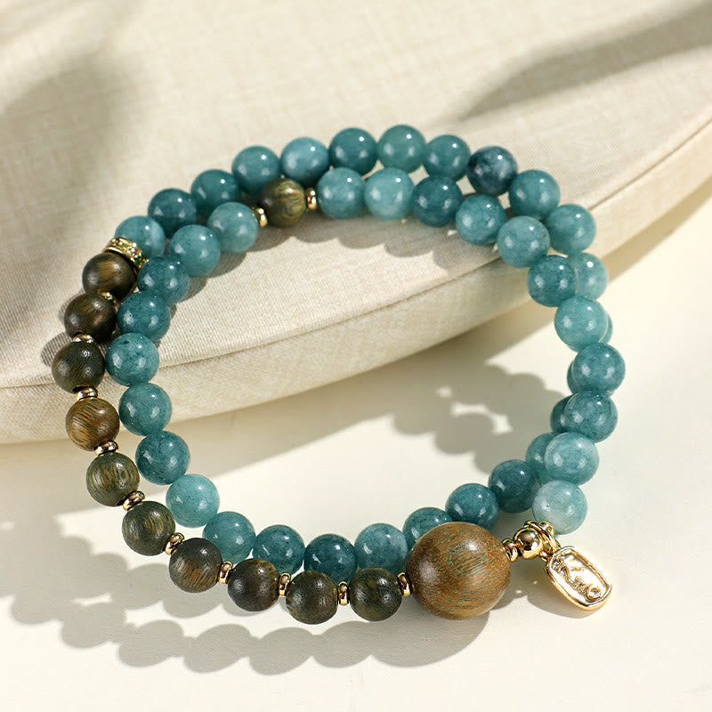 KarmaRipple's Blue Chalcedony Green Sandalwood Small Leaf Red Sandalwood Double Wrap Emotional Balance Bracelet p1
