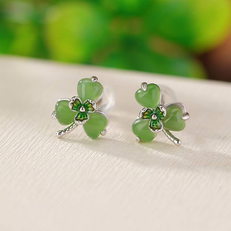KarmaRipple's 925 Sterling Silver Enamel Hetian Jade Shamrock Fortune Earrings p1