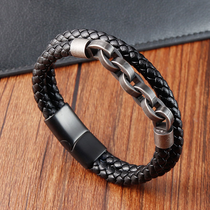 KarmaRipple's Chain Design Titanium Steel Balance Leather Woven Buckle Bracelet p1