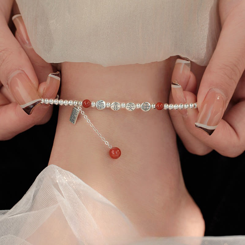 KarmaRipple's 925 Sterling Silver Small Beadwork Red Agate Peace And Joy Blessing Anklet p1