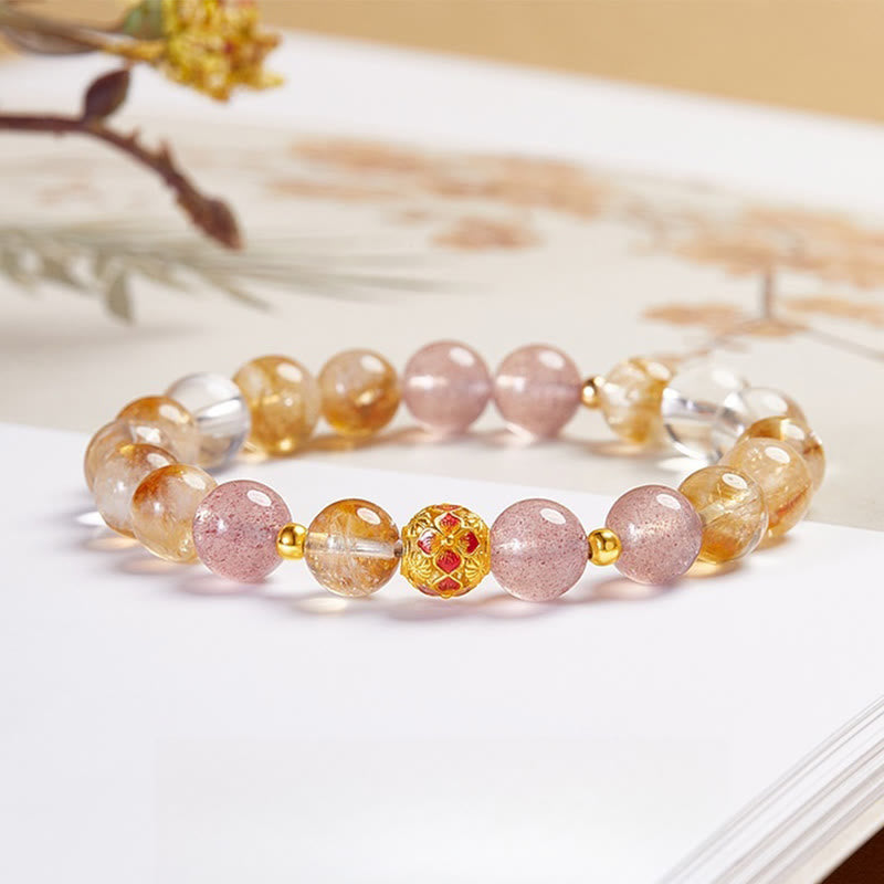 KarmaRipple's 999 Sterling Silver Citrine Strawberry Quartz Ivory Gemstone Protection Bracelet p1