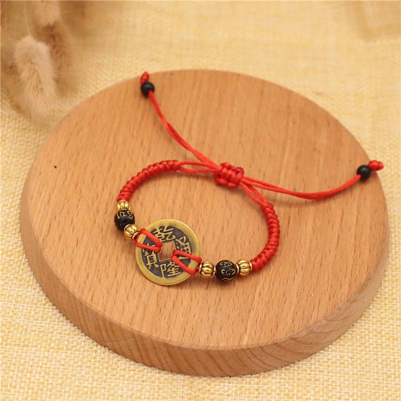 KarmaRipple's Bronze Coin Fortune Red String Weave Bracelet p1