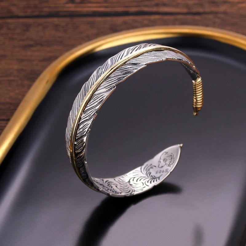 KarmaRipple's Feather Pattern Carved Fortune Wealth Cuff Bracelet Bangle p1