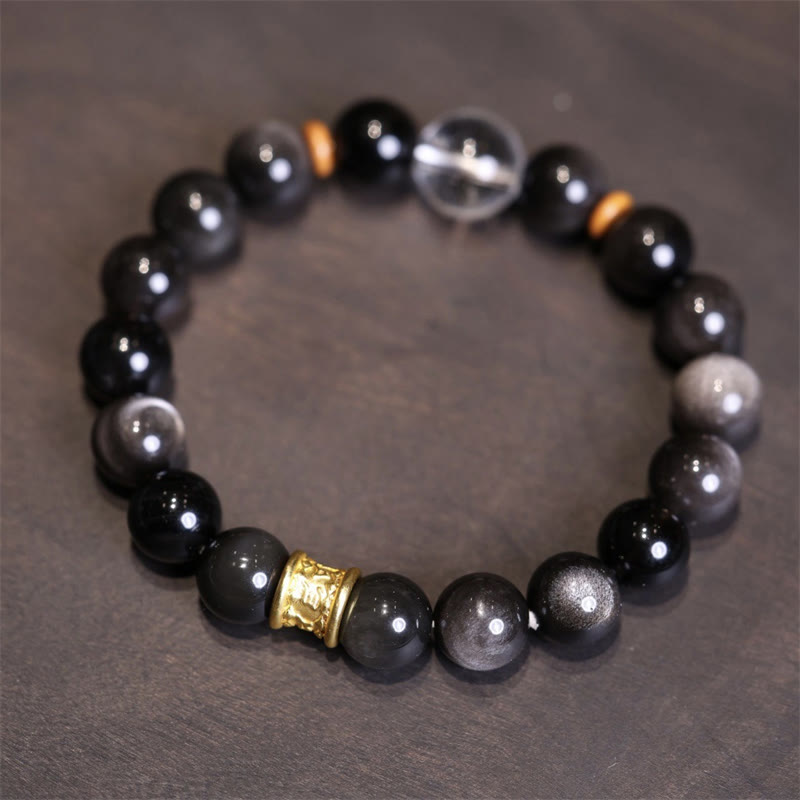KarmaRipple's Authentic Silver Sheen Obsidian Gemstone Om Mani Padme Hum Bead Protection Bracelet p1