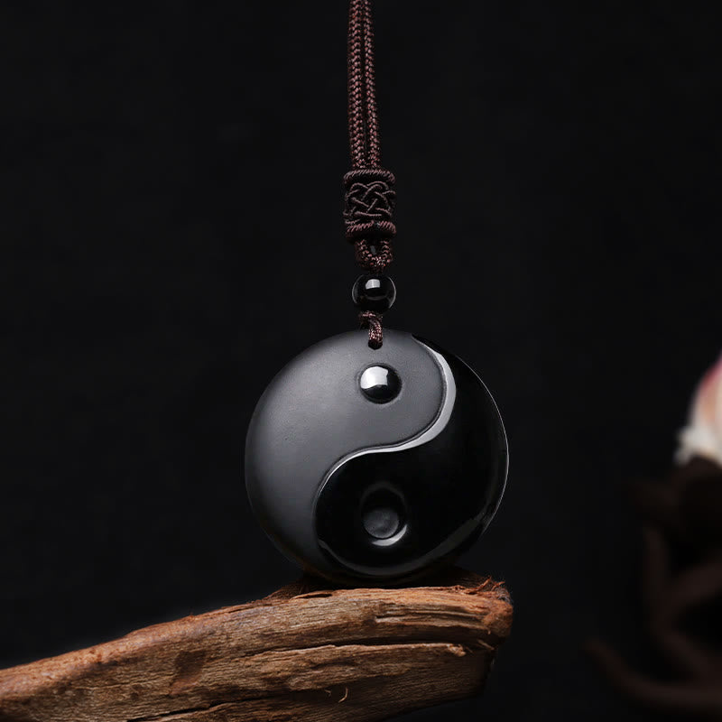 KarmaRipple's Black Obsidian Taoism Five Sacred Mountains Nine-Character Mantra Carved Purification Yin Yang Pendant Necklace p1