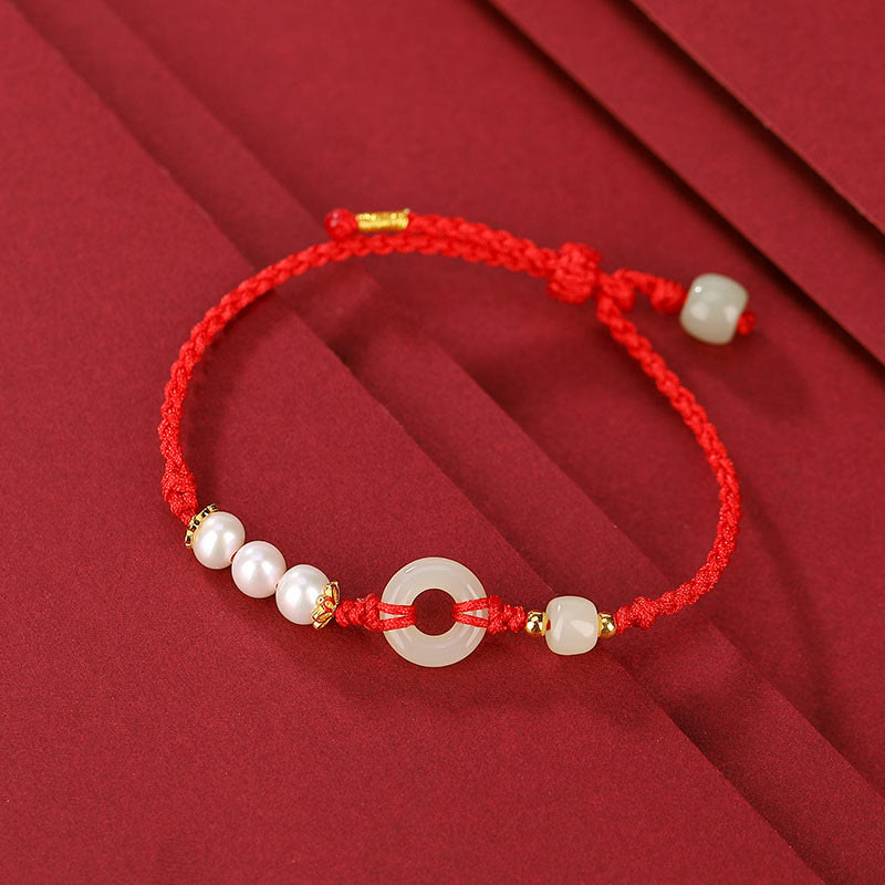KarmaRipple's 925 Sterling Silver Plated Gold Hetian Jade Peace Buckle Pearl Fortune Bracelet p1