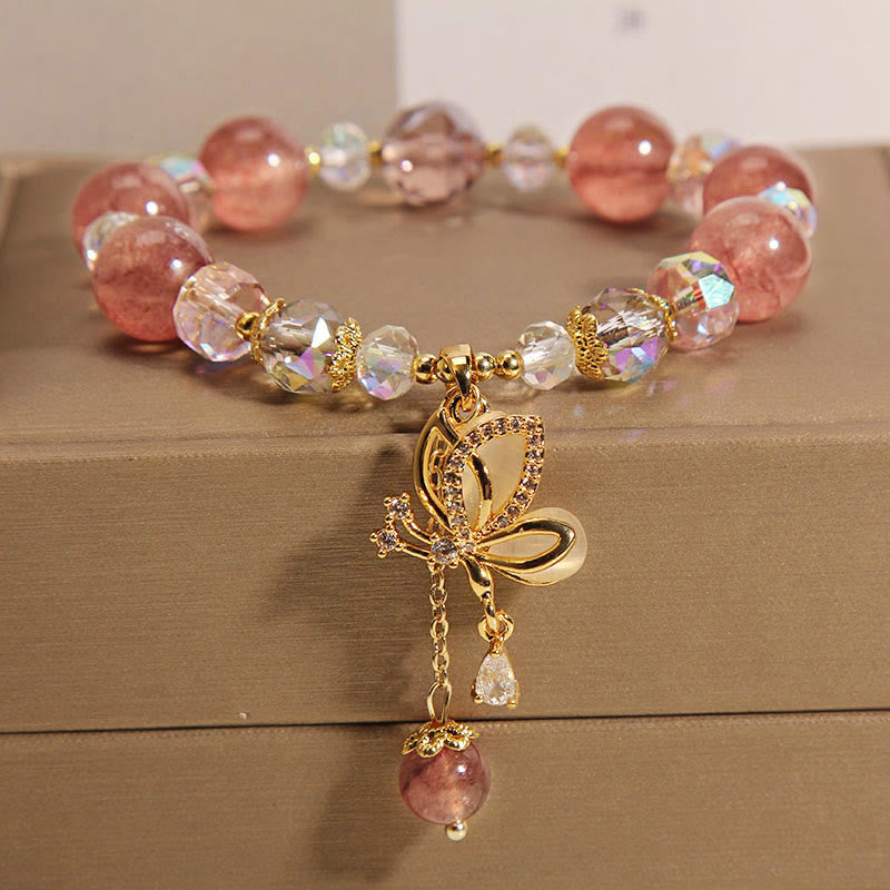KarmaRipple's Authentic Strawberry Quartz Balancing Positive Butterfly Talisman Bracelet p1