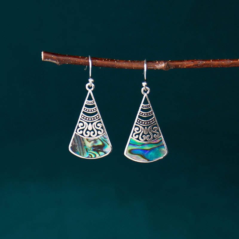 KarmaRipple's Bronze Tridacna Stone Hollow Pattern Blessing Drop Earrings p1