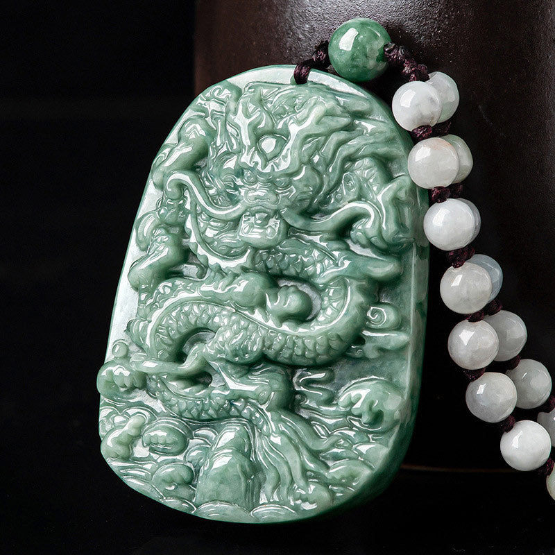 KarmaRipple's Chinese Zodiac Dragon Jade Prosperity Pendant Bead String Necklace p1