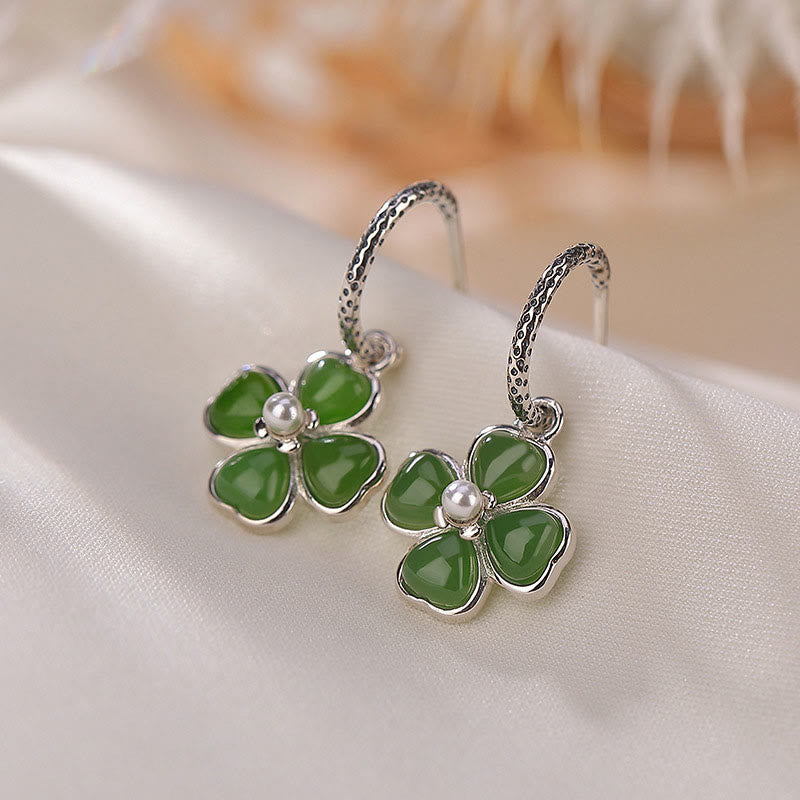 KarmaRipple's 925 Sterling Silver Authentic Cyan Jade Four Leaf Clover Fortune Success Earrings p1