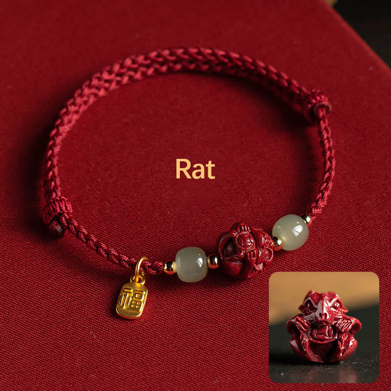 KarmaRipple's Authentic Cinnabar Chinese Zodiac Hetian Jade Fu Character Fortune Rope Bracelet p1