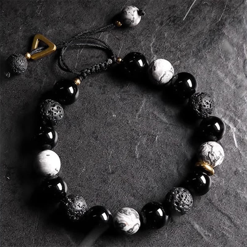 KarmaRipple's Black Obsidian Lava Rock Stone Yin Yang Strength Bracelet p1