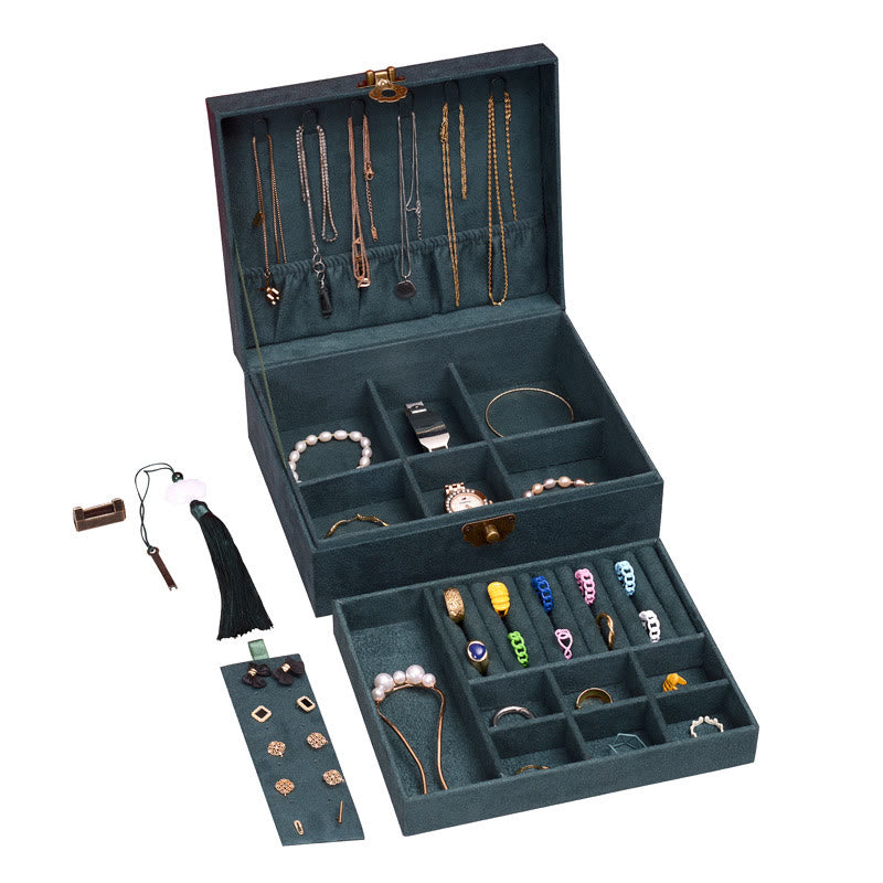 KarmaRipple's Simple Design Jewelry Box Organizer Two-Layer Jewelry Storage Box Flannel Box With Lock p1
