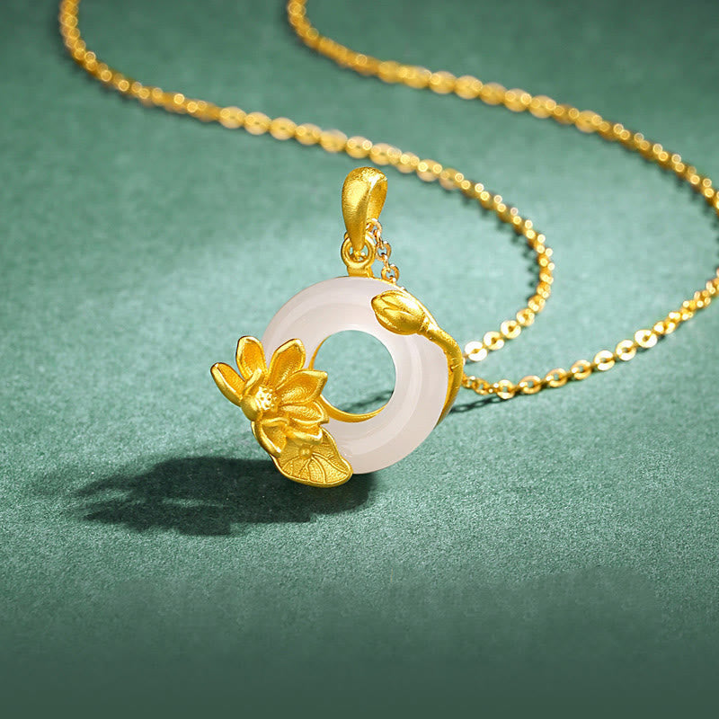 KarmaRipple's Authentic Ivory Chalcedony Peace Buckle Lotus Necklace S925 Sterling Silver Pendant p1