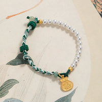 KarmaRipple's 925 Sterling Silver Fu Character Fortunate Bag Pearl Hetian Jade Wisdom Rope Bracelet