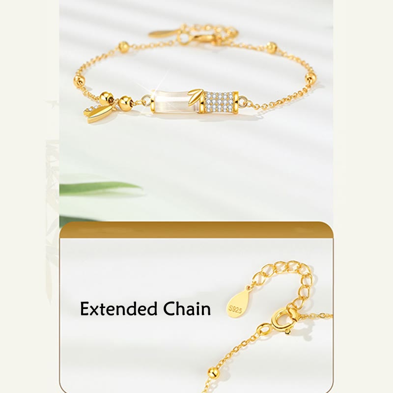KarmaRipple's 925 Sterling Silver 18K Gold Plated Ivory Jade Bamboo Zircon Leaf Fortune Bracelet p9