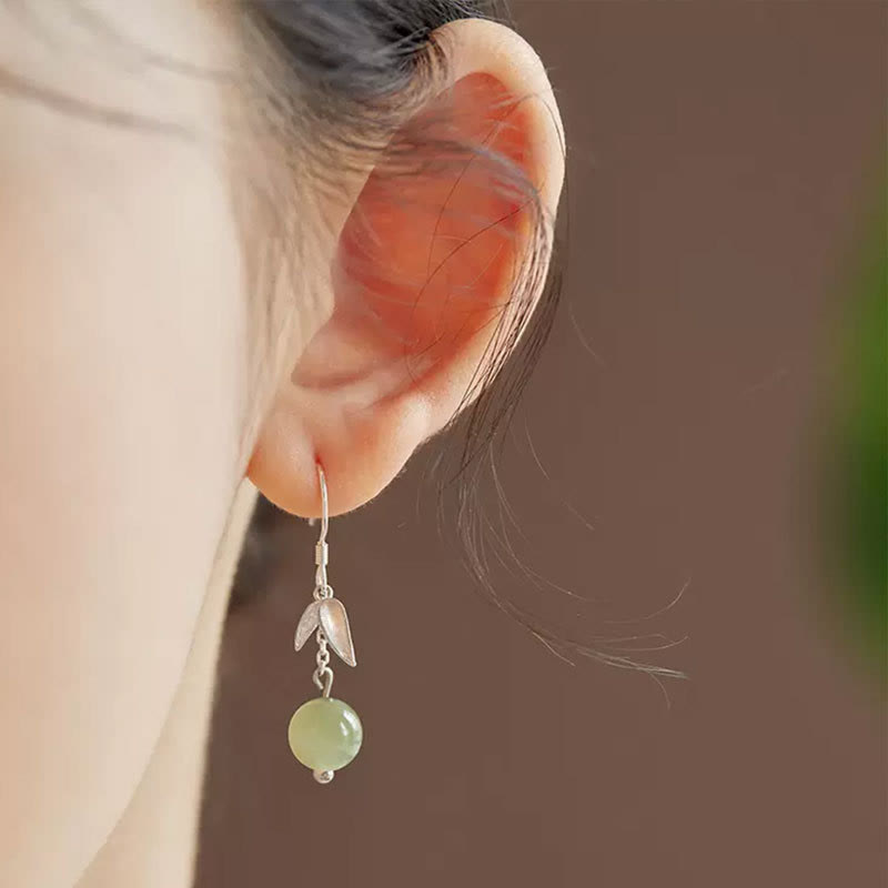 KarmaRipple's 999 Sterling Silver Hetian Jade Bead Bamboo Leaf Fortune Drop Dangle Earrings p2