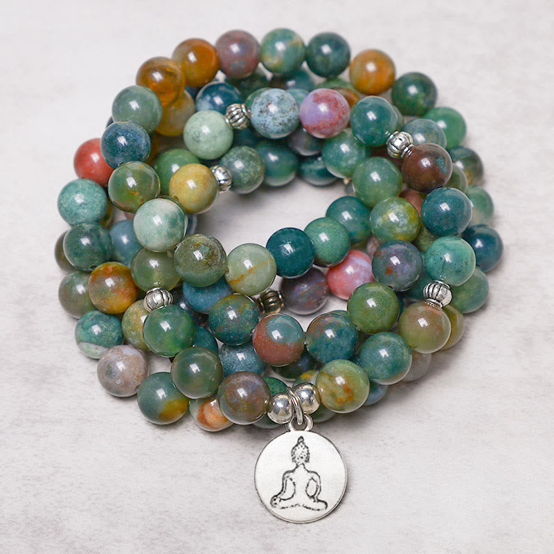 KarmaRipple's 108 Mala Beadwork Indian Agate Lotus OM Buddha Tree of life Positive Calm Bracelet p15