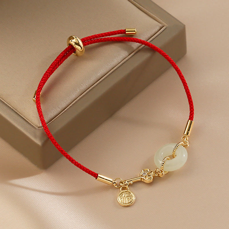 KarmaRipple's 18K Gold Plated Hetian Jade Peace Buckle Fu Character Fortune Red Rope Bracelet p10