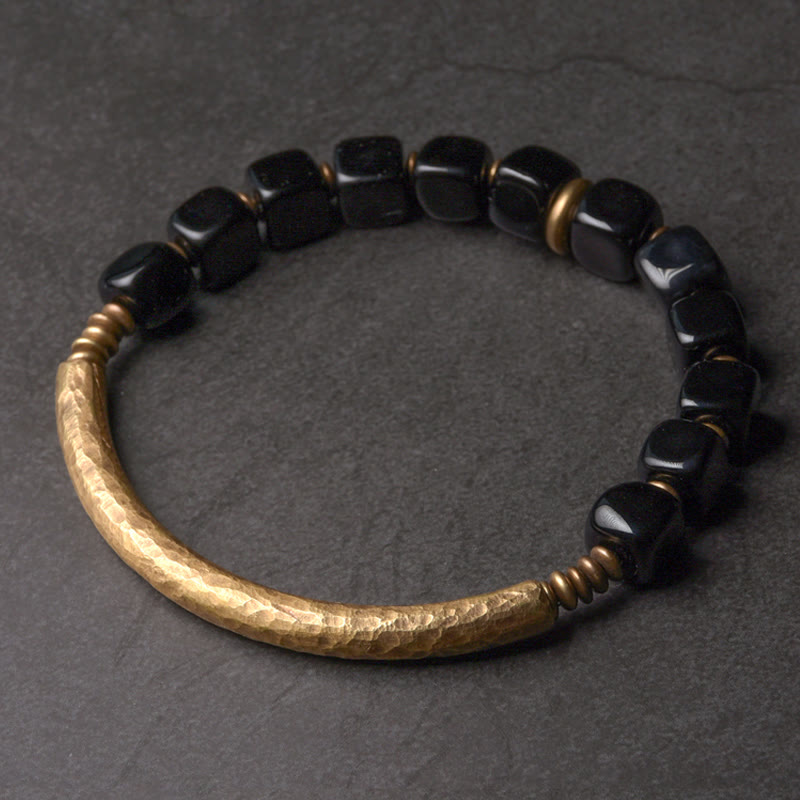 KarmaRipple's Black Obsidian Gemstone Bronze Strength Pair Bracelet p14