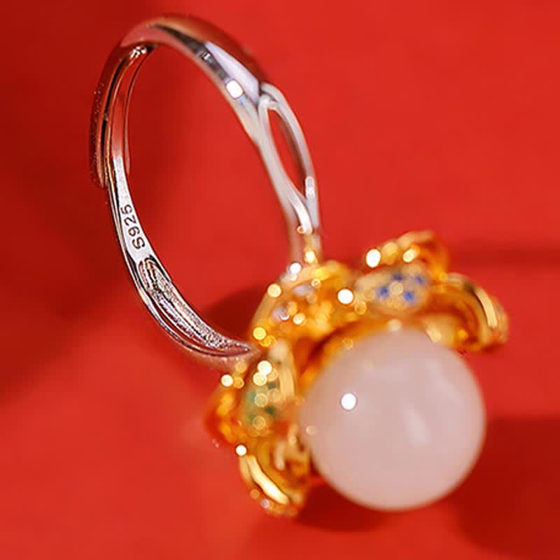 KarmaRipple's 925 Sterling Silver Ivory Jade Cyan Jade Lotus Flower Success Ring p6