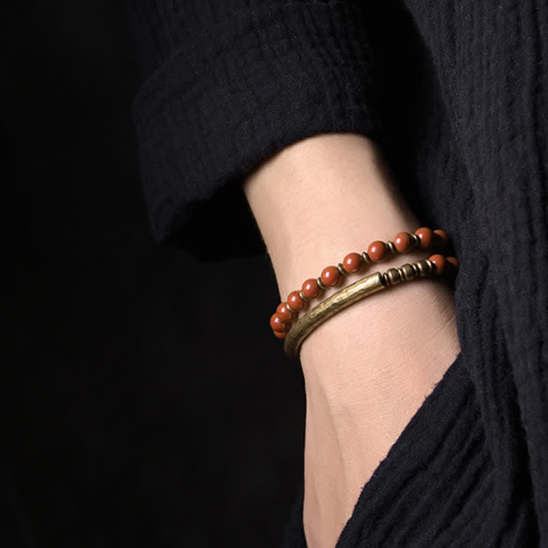 KarmaRipple's Red Jasper Moss Agate Black Obsidian Gemstone Bronze Peace Pair Bracelet p5