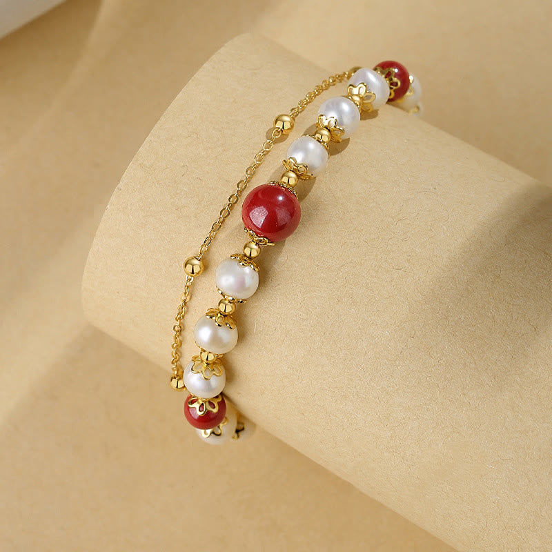 KarmaRipple's 925 Sterling Silver Pearl Cinnabar Wisdom Bead Double Layer Chain Bracelet p2
