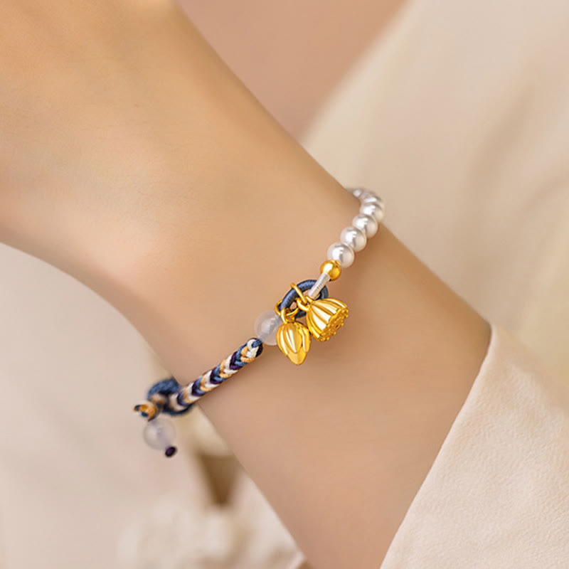 KarmaRipple's 925 Sterling Silver Lotus Pearl Colorful Rope Chalcedony Prosperity Bracelet p6