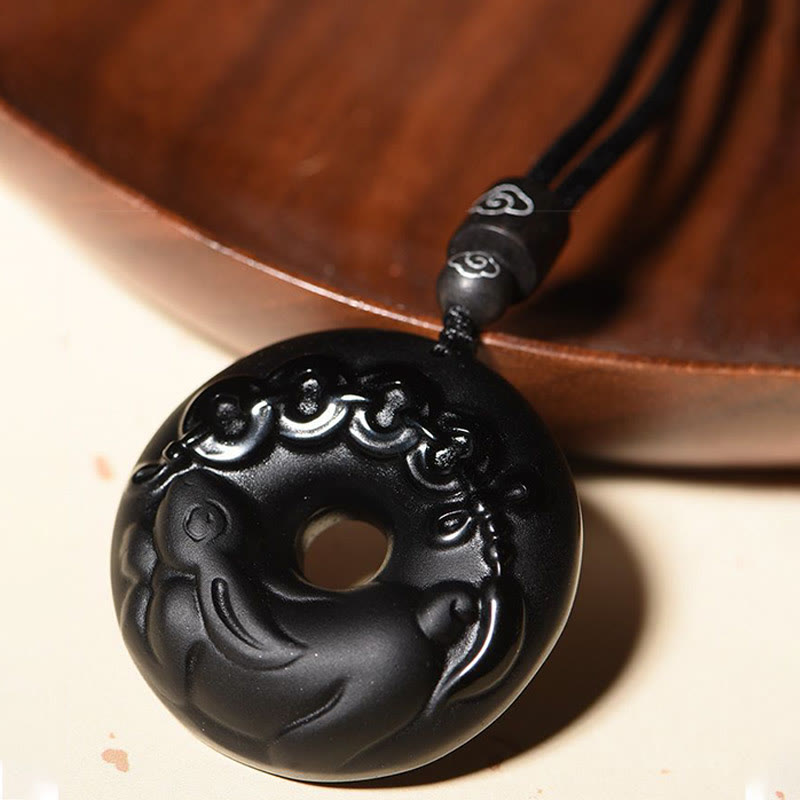 KarmaRipple's Chinese Zodiac Authentic Black Obsidian Peace Buckle Strength Pendant Necklace p16
