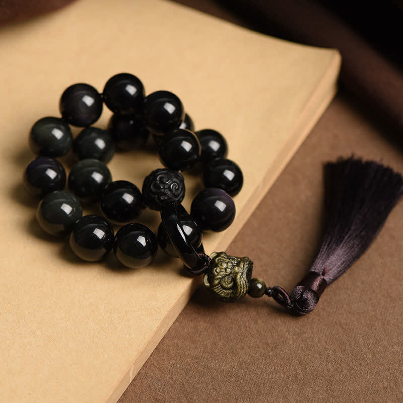 KarmaRipple's Authentic Black Obsidian Lion Wrist Mala Protection Tassels Pocket Mala Car Decoration p5