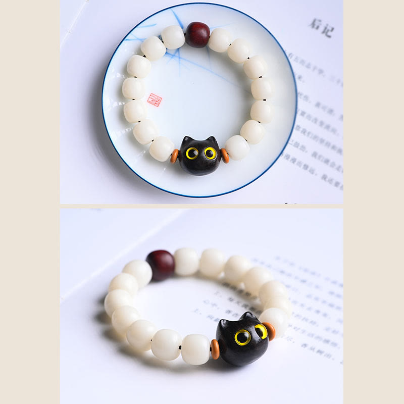 KarmaRipple's Authentic Bodhi Seed Small Leaf Red Sandalwood Ebony Wood Cute Fortunate Cat Wisdom Bracelet p14