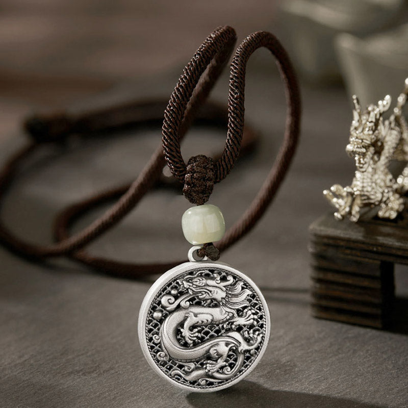 KarmaRipple's 999 Sterling Silver Year of the Dragon Fu Character Hetian Jade Success Pendant Necklace p15