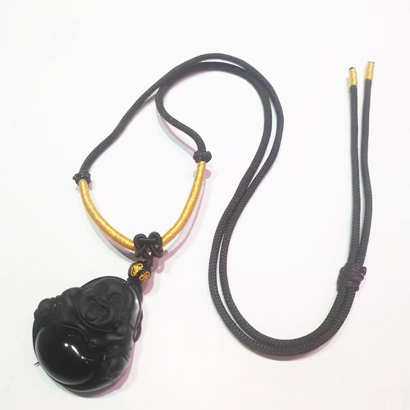 KarmaRipple's Authentic Black Obsidian Ice Obsidian Laughing Buddha Purification Pendant Necklace p30