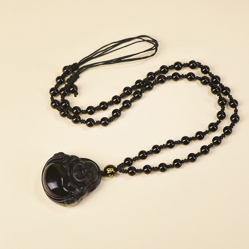 KarmaRipple's Authentic Black Obsidian Ice Obsidian Laughing Buddha Purification Pendant Necklace p28