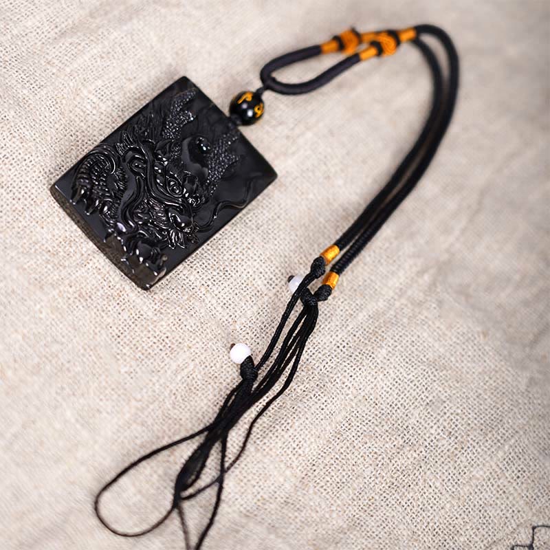 KarmaRipple's Authentic Black Obsidian Rectangular Dragon Engraved Success Pendant Necklace p13