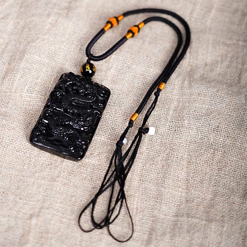 KarmaRipple's Authentic Black Obsidian Rectangular Dragon Engraved Success Pendant Necklace p7