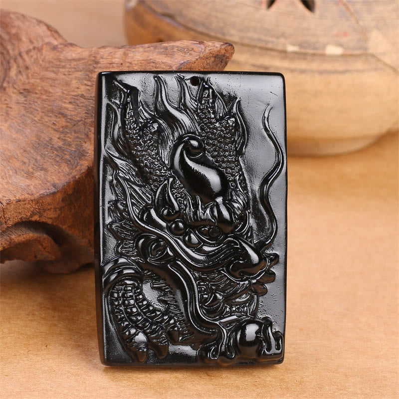 KarmaRipple's Authentic Black Obsidian Rectangular Dragon Engraved Success Pendant Necklace p16