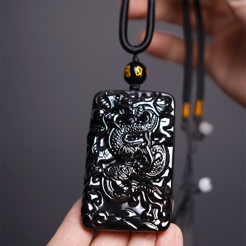 KarmaRipple's Authentic Black Obsidian Rectangular Dragon Engraved Success Pendant Necklace p17
