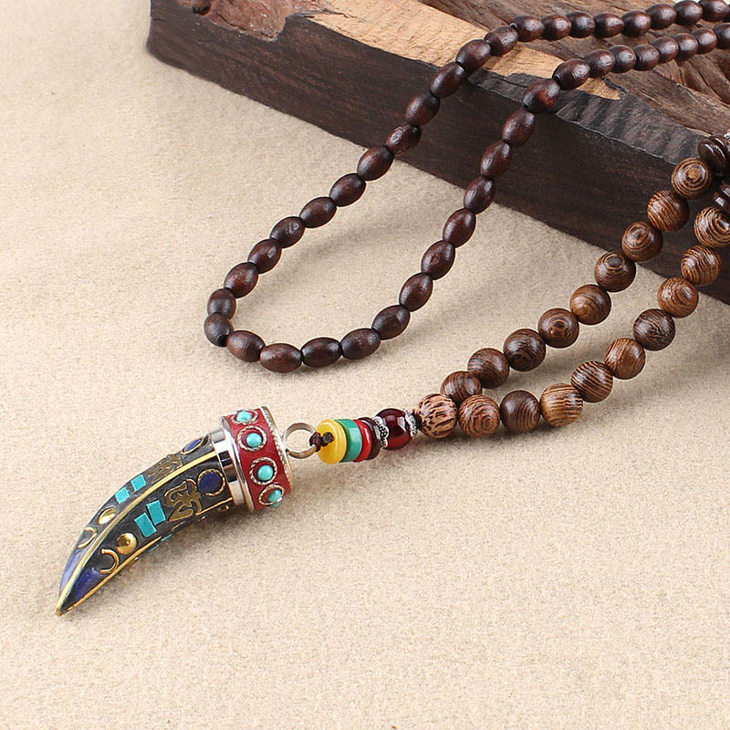 KarmaRipple's Tibet Wenge Wood Om Mani Padme Hum OM Symbol Mantra Horn Pattern Protection Pendant Necklace p3