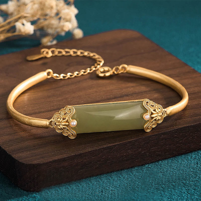 KarmaRipple's Hetian Jade 24K Gold Plated Fortune Bracelet Bangle p1