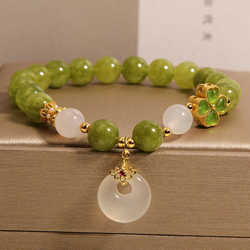 KarmaRipple's Green Tourmaline Chalcedony Four Leaf Clover Peace Buckle Talisman Wisdom Bracelet p1