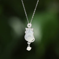 KarmaRipple's 925 Sterling Silver 14k Gold Ivory Jade Gourd Cat Protection Pendant Necklace