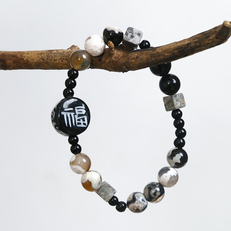 KarmaRipple's Black Onyx Ceramics Agate Black Glitter Stone Fortune Fu Character Bracelet p5
