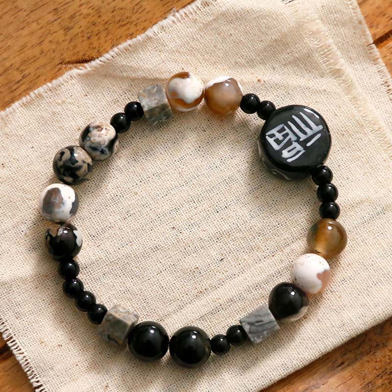 KarmaRipple's Black Onyx Ceramics Agate Black Glitter Stone Fortune Fu Character Bracelet p13