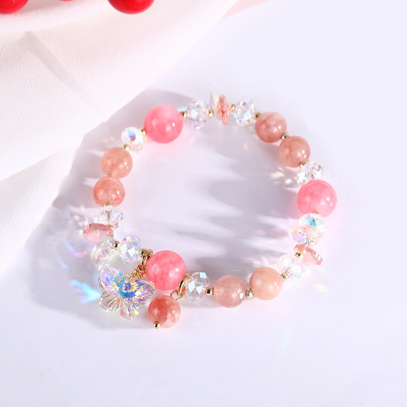 KarmaRipple's Strawberry Quartz Ivory Gemstone Pink Gemstone Butterfly Love Bracelet p16