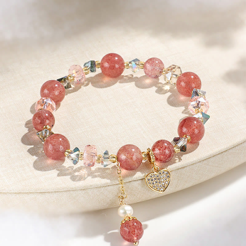 KarmaRipple's Strawberry Quartz Ivory Gemstone Pearl Liuli Heart Balancing Bracelet p1