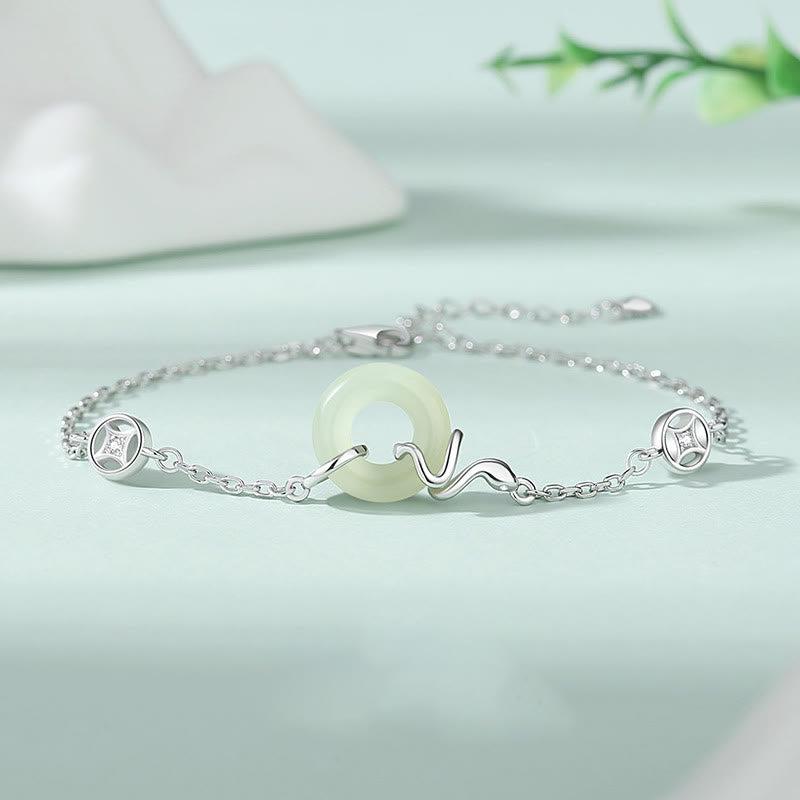 KarmaRipple's 925 Sterling Silver Hetian Jade Peace Buckle Year Of The Snake Fortune Bracelet p1
