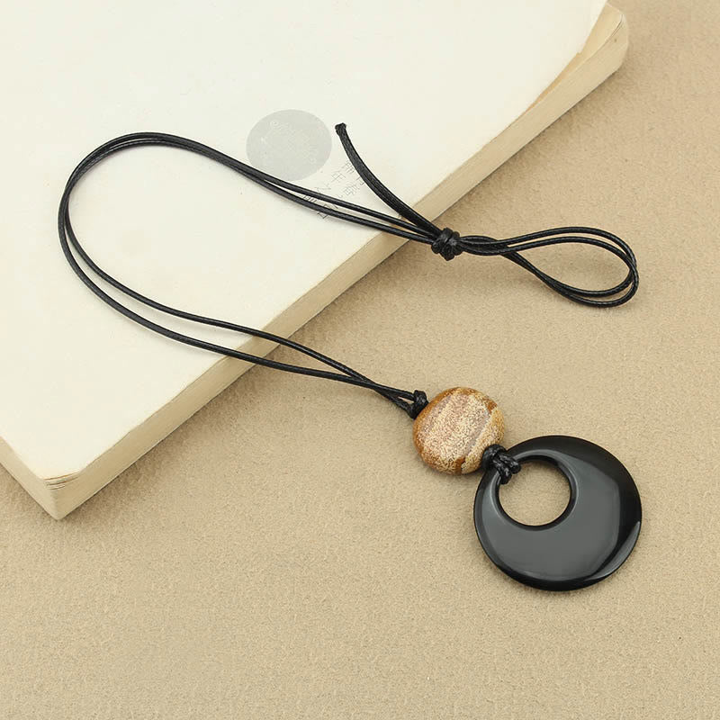 KarmaRipple's Black Obsidian Liuli Picture Stone Bronze Fulfilment Pendant Necklace p9